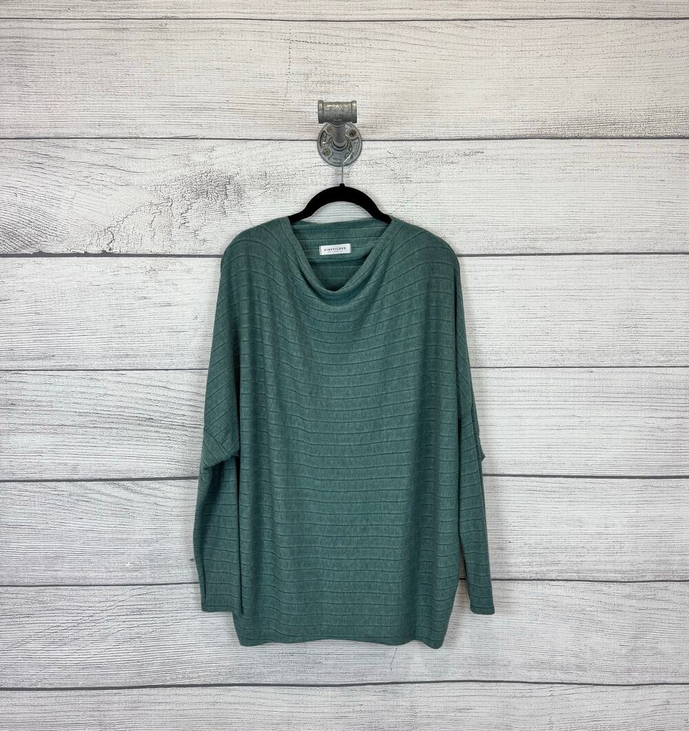 First Love Women's Green Striped Knit Long Sleeve Mock Neck Top Size Small